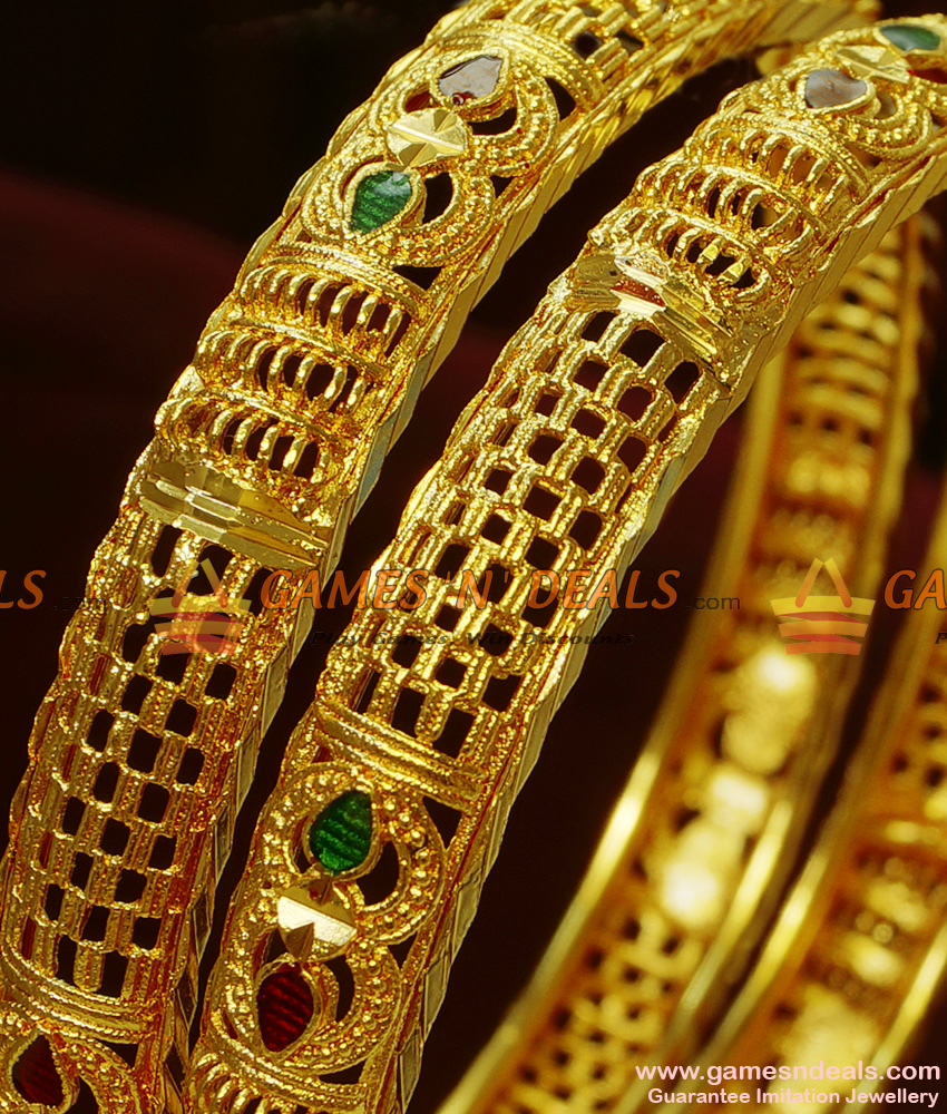 BR1212.8 Size Enamel Bangles Gold Plated Kerala Type Guarantee Design